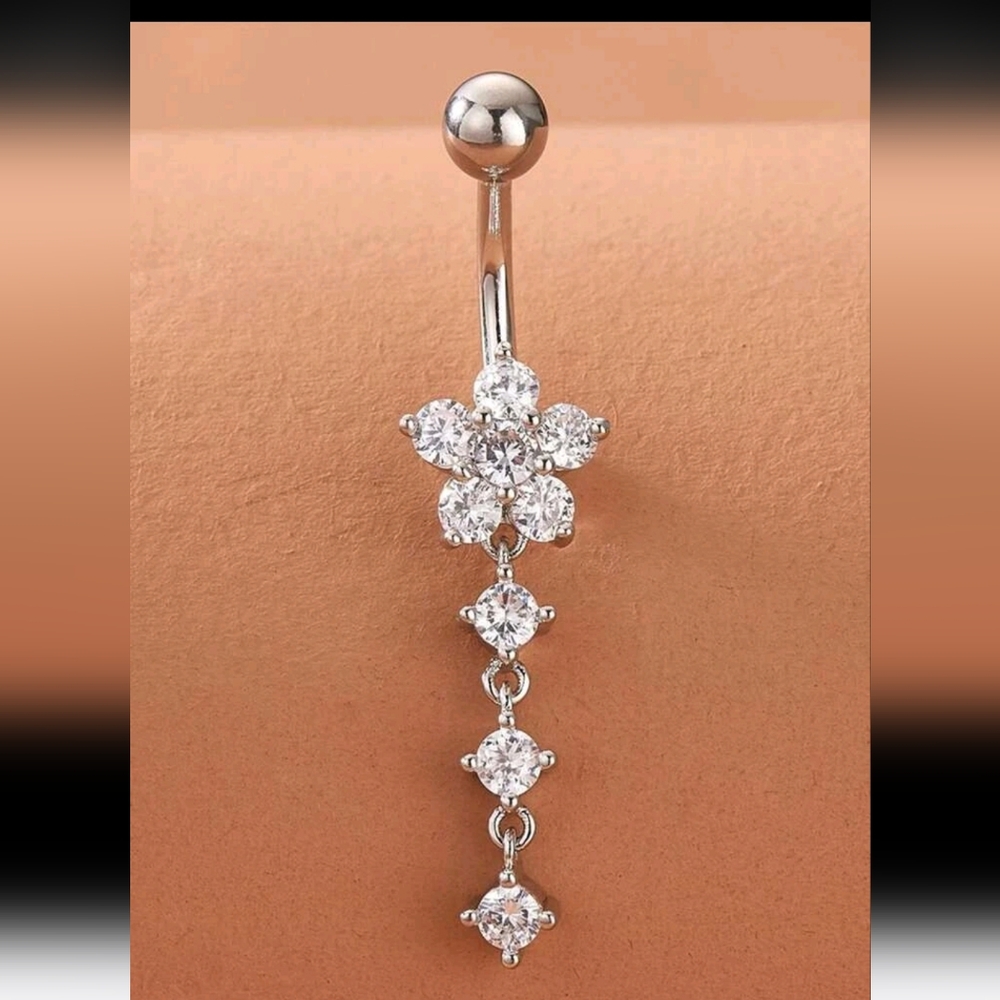 Stainless Steel CZ Dangley Flower Belly Button Ring 14G
